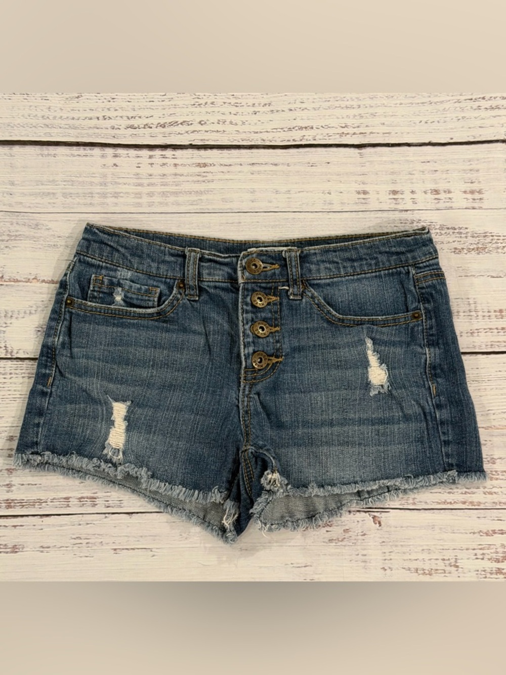 Mudd Vintage Y2K 90s Cut Off Denim Button Fly Blue Jeans Shorts Womens Juniors 5